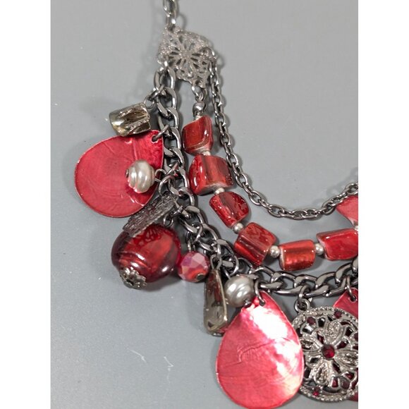 Red Shell Gray Metallic Layered Statement Necklace Boho Whimsigoth Y2K 19" - Picture 4 of 8